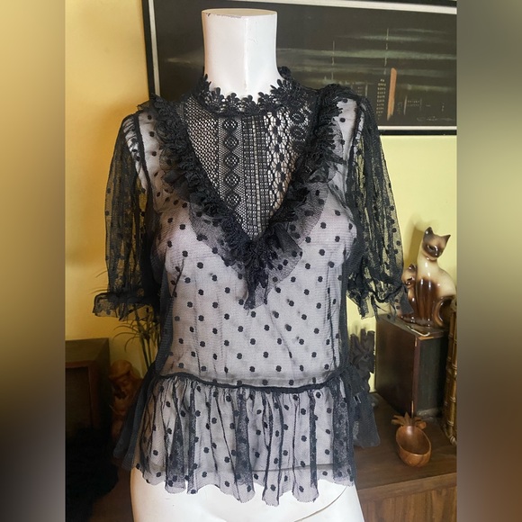 Ladies Blashe gothic lace ruffle polka dot vamp blouse Victorian sheer top - Picture 4 of 7